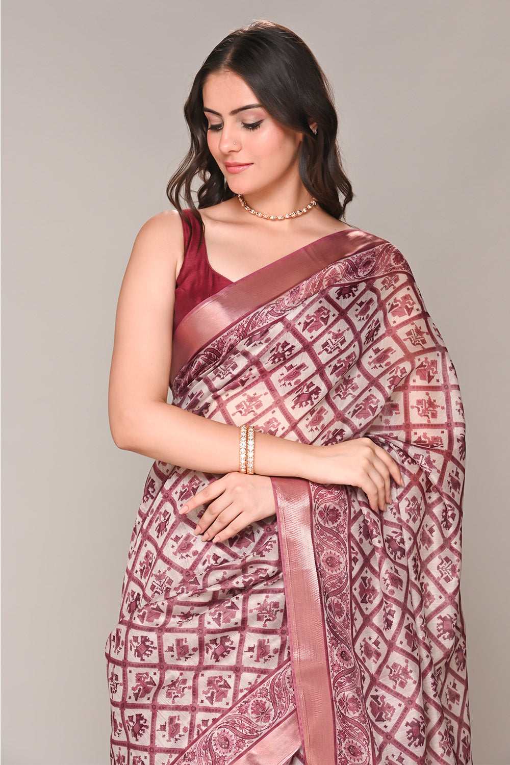 Cream & Rust Color Cotton Silk Printed Saree