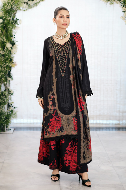 Black Crepe Silk Floral Printed Unstitched Suit Material