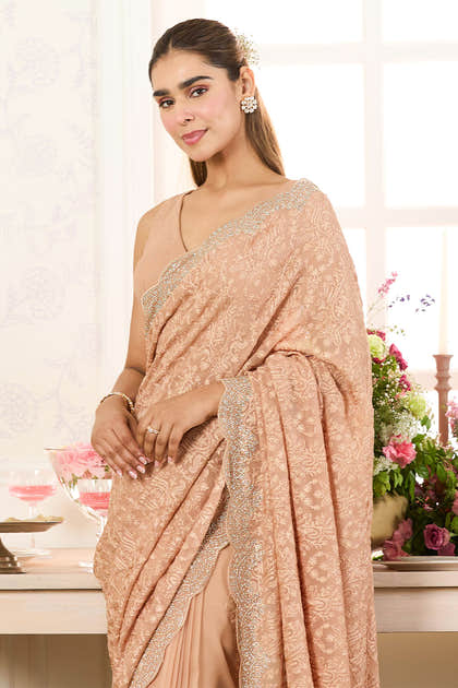 Fawn Georgette Embroidered And Swaroski Work Saree