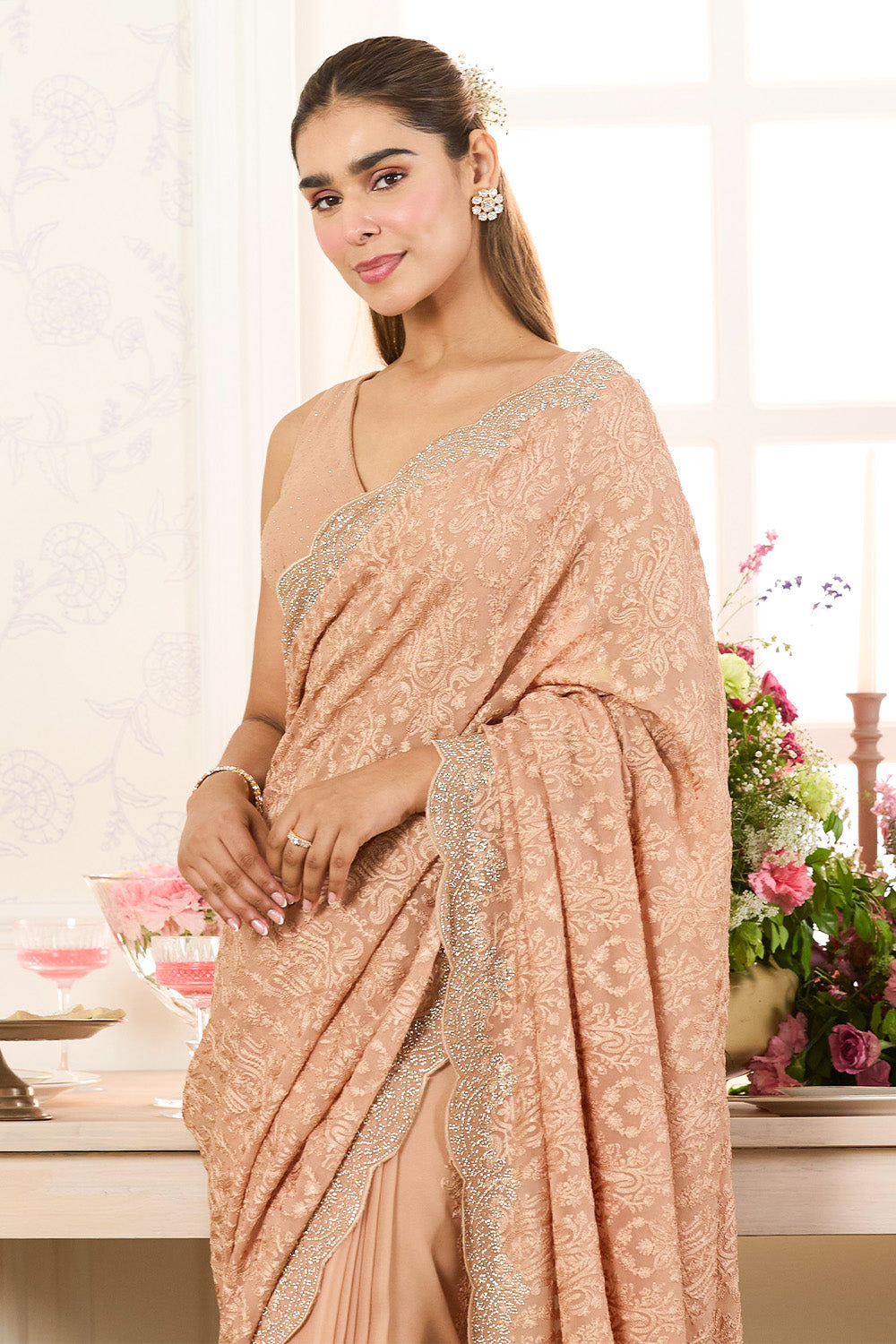 Fawn Georgette Embroidered And Swaroski Work Saree