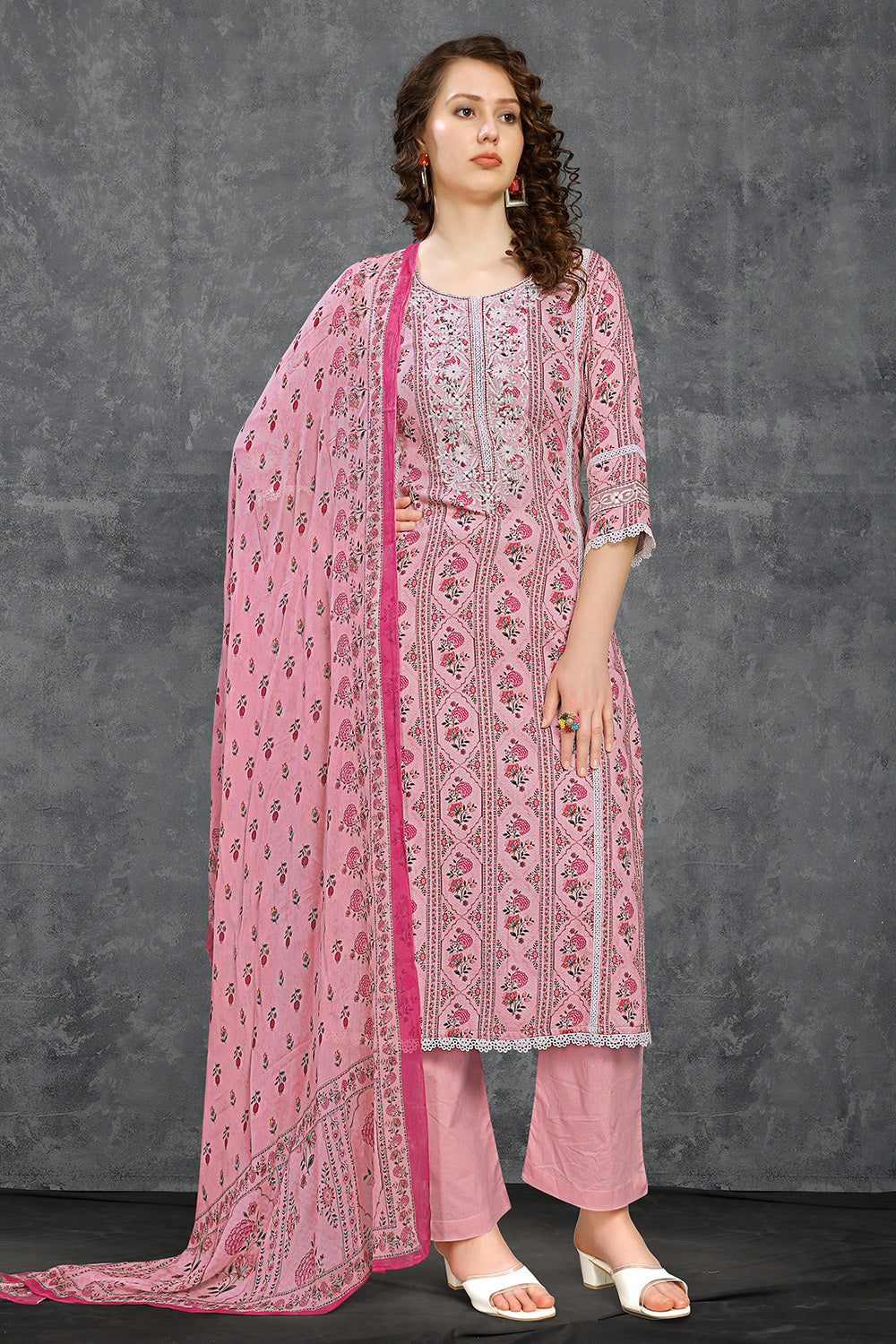 Rose Pink Color Floral Printed Cotton Unstitched Material