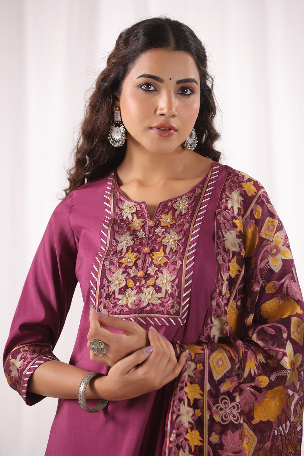 Dark Scarlet Color Muslin Suit With Brasso Dupatta