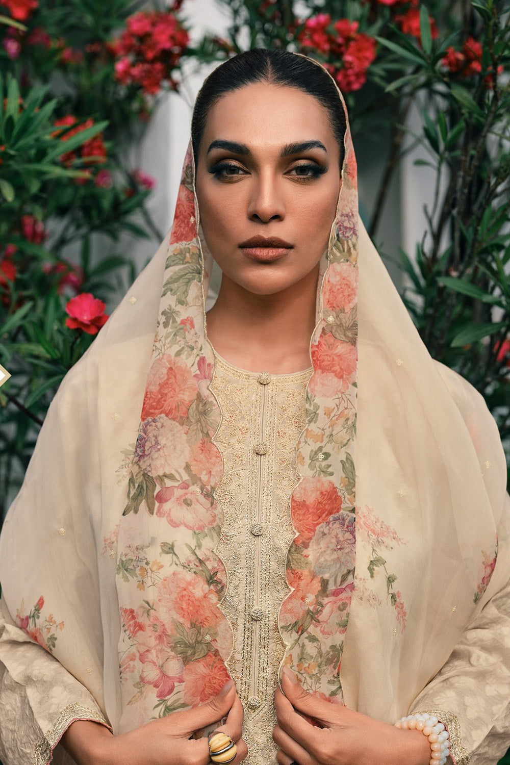 Beige Printed And Embroidered Cotton Unstitched Suit