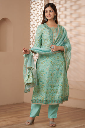 Teal Colour Muslin Printed Suit