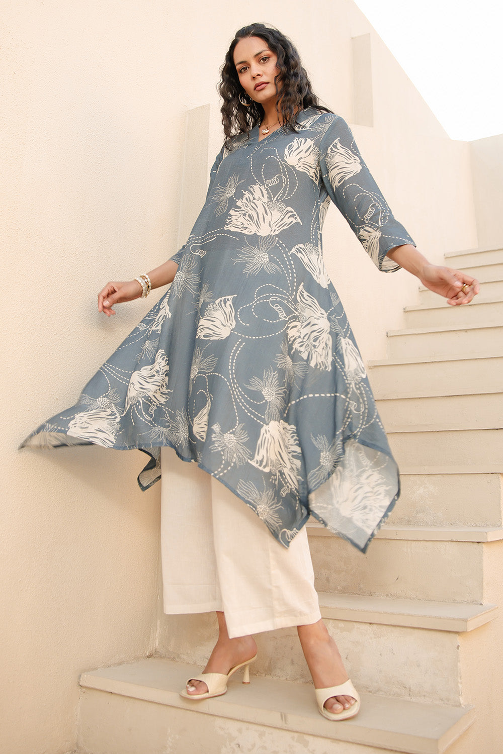 Grey Color Chanderi Printed Kurta Set
