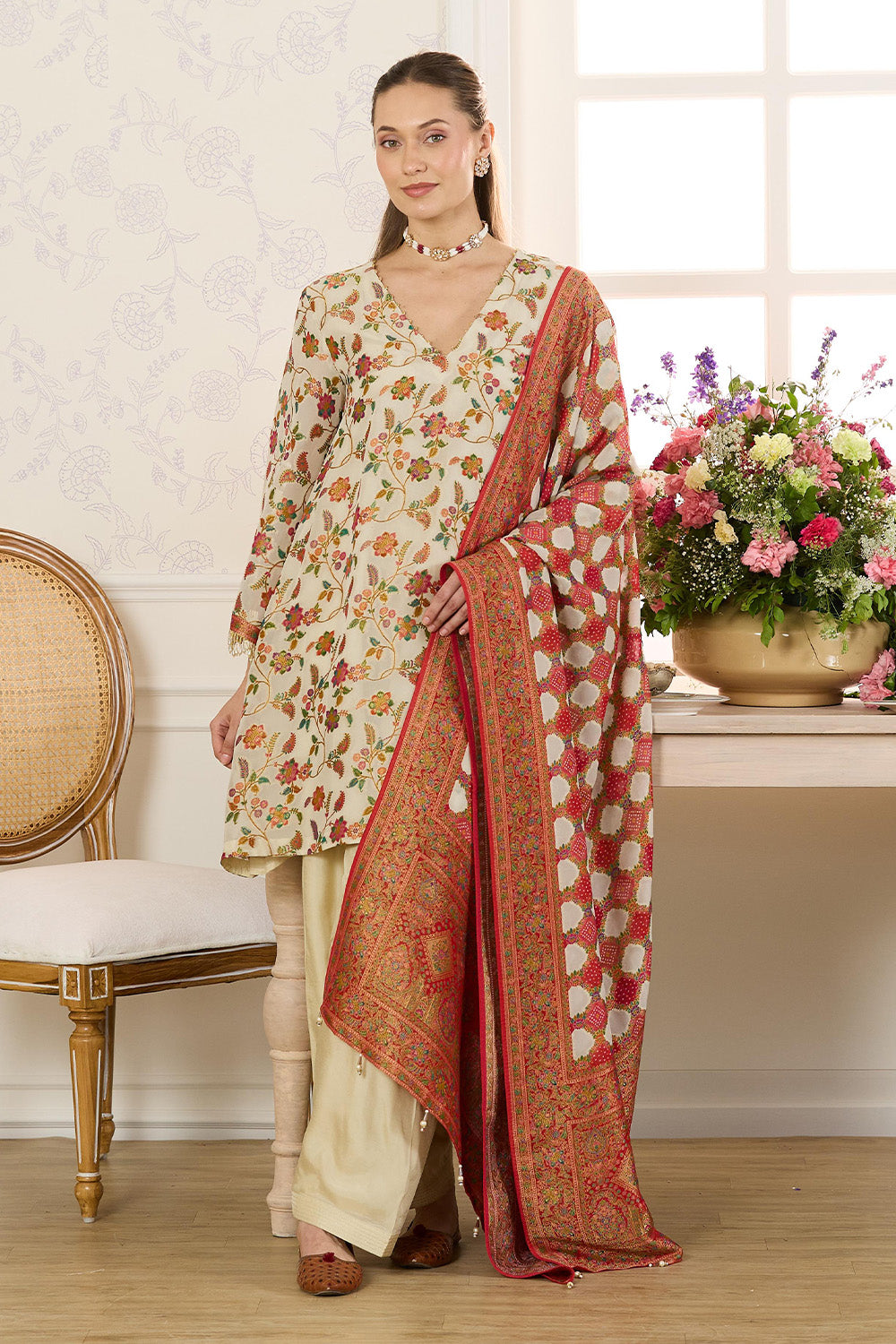 Cream Georgette Floral Resham Woven Unstitched Suit Material
