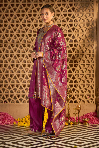 Wine Silk Embroidered Unstitched Suit Material With Banarsi Dupatta
