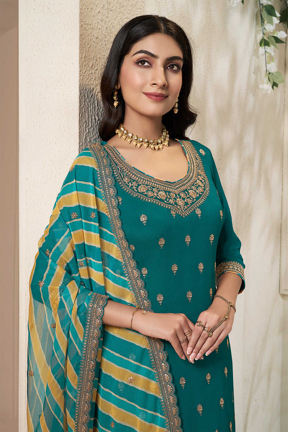 Teal Crepe Silk Embroidered Suit With Palazzo