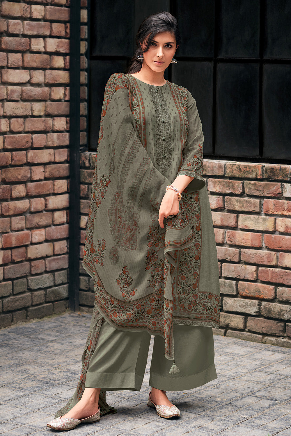Olive Grey Color Crepe Silk Printed Unstitched Suit Material