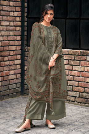 Olive Grey Color Crepe Silk Printed Unstitched Suit Material