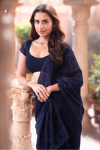 Navy Georgette Resham And Swaroski Embroidered Saree