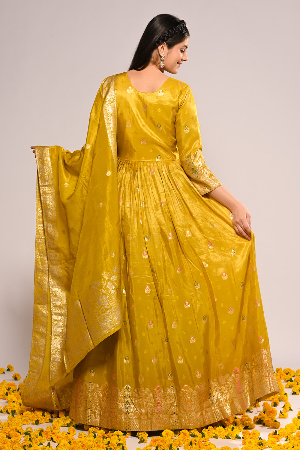 Mustard Color Mantellic Tissue Embroidered and Woven Anarkali Suit