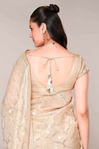 Beige Color Tissue Silk Resham & Sequins Embroidered Saree