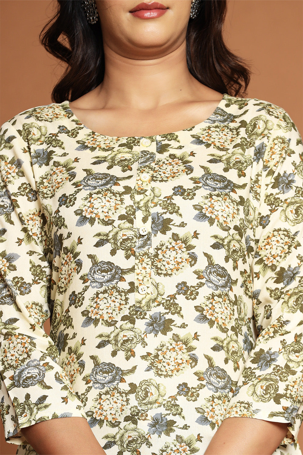 Beige & Green Color Floral Printed Kurti