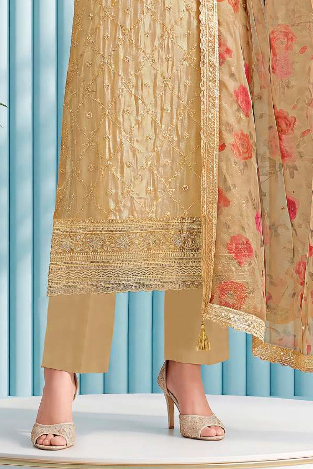 Fawn Organza Resham Embroidered Unstitched Suit Material