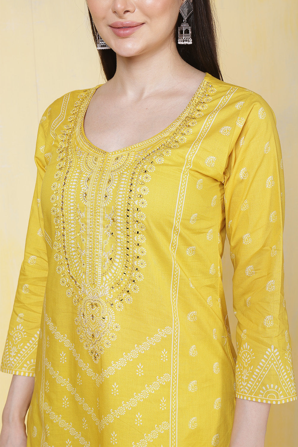 Mustard Cotton Printed & Neck Embroidered Suit