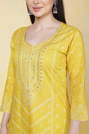 Mustard Cotton Printed & Neck Embroidered Suit