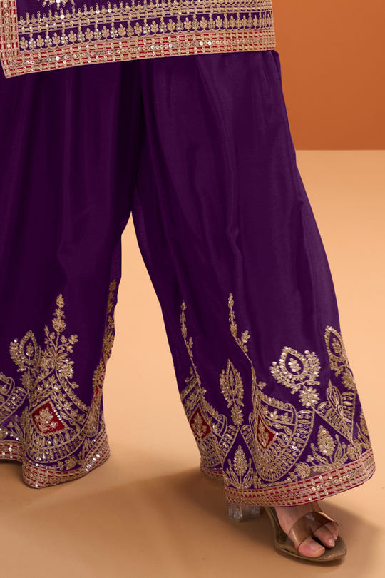Purple Crepe Silk Zari and Sequins Embroidered Suit With Embroidered Palazzo