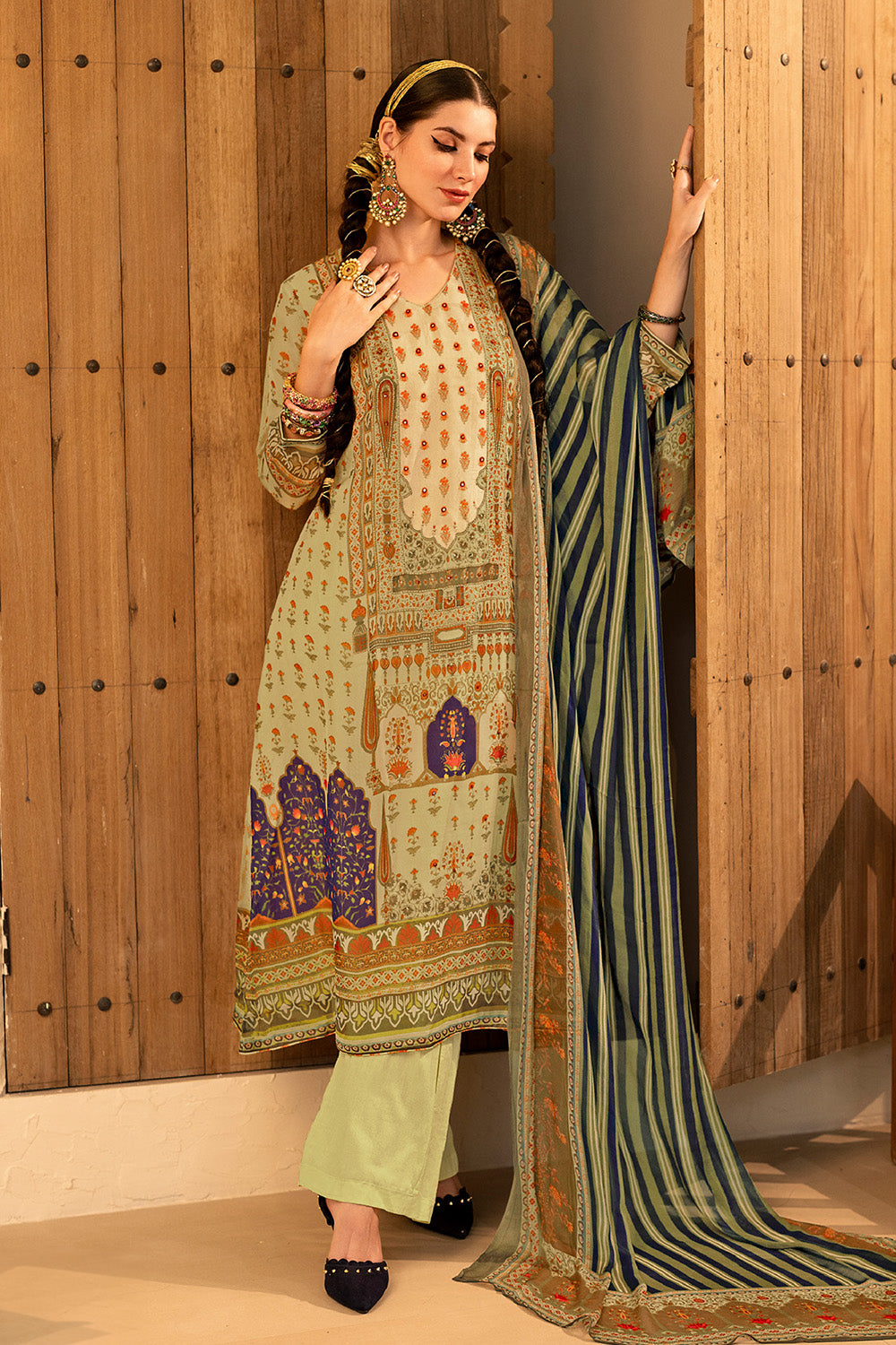 Pista Green Color Organza Printed Unstitched Suit Material