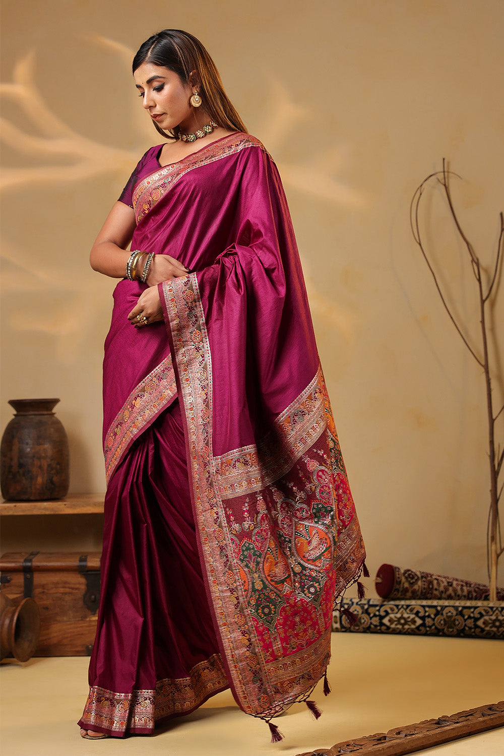 Dark Scarlet Soft Silk Kalamkari Woven Saree