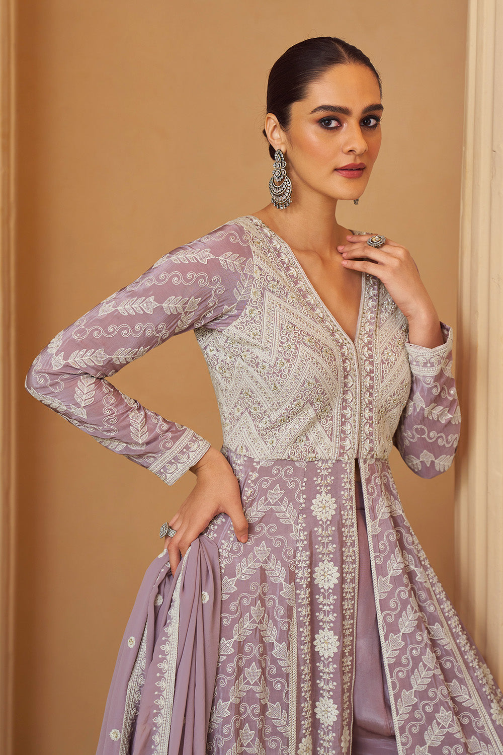 Light Mauve Georgette Resham Embroidered Frount Slit Floor Lenght Suit With Palazzo