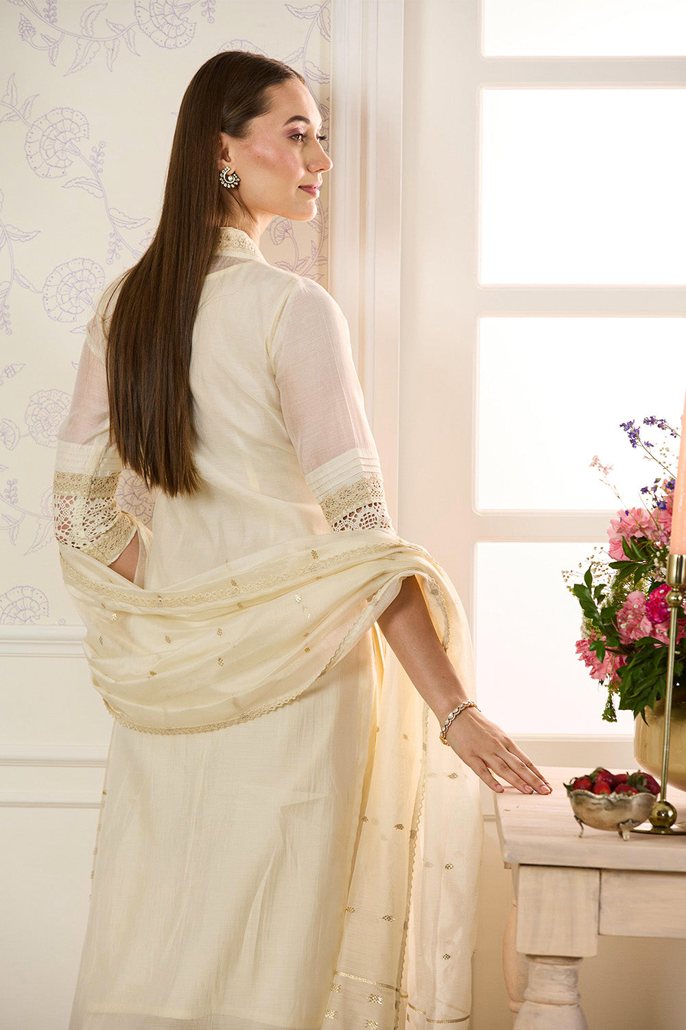 Cream Chanderi Cotton Floral Embroidered Suit