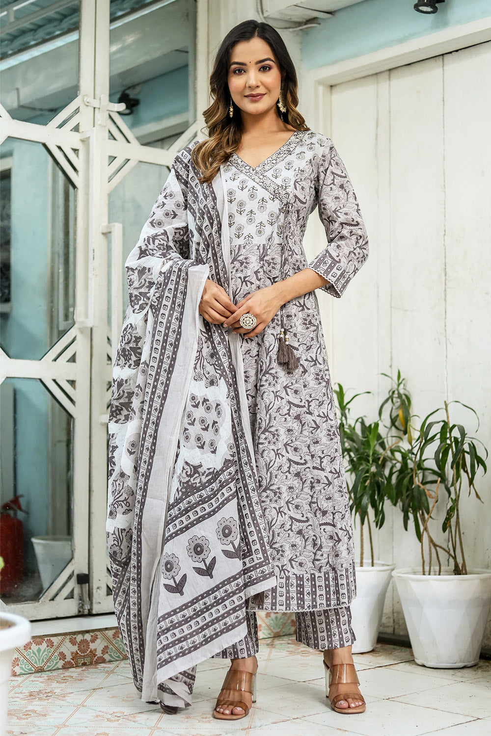 Grey Color Cotton Printed Anarkali Suit