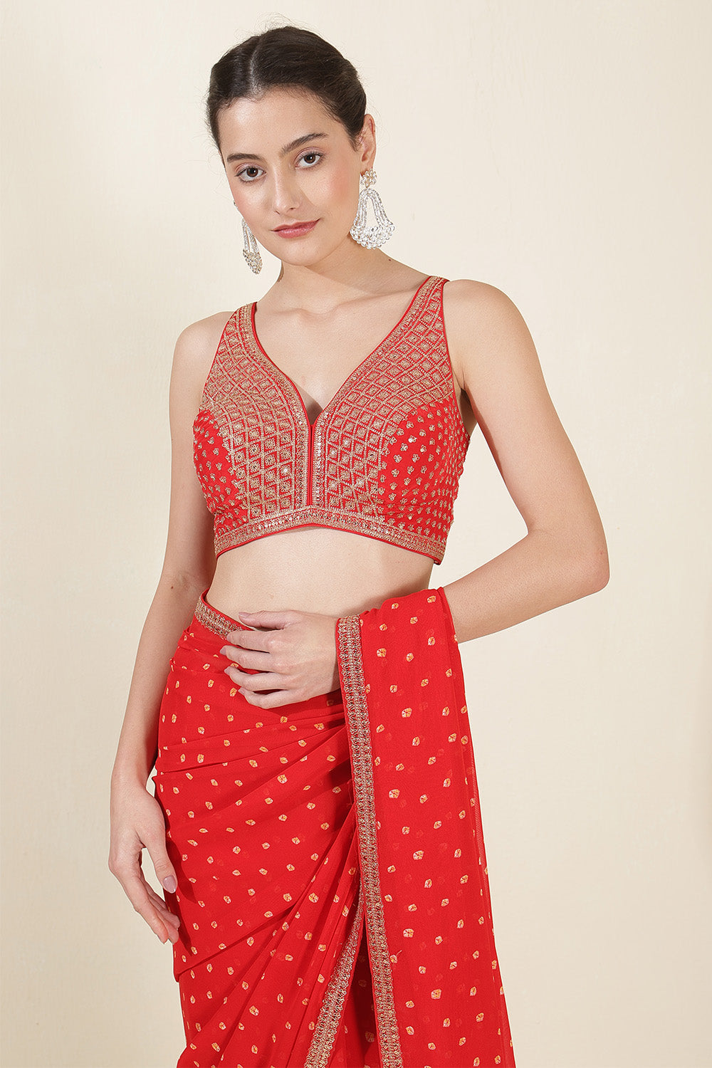 Red Color Georgette Bandhani Printed and Embroidered Saree With Readymade Blouse