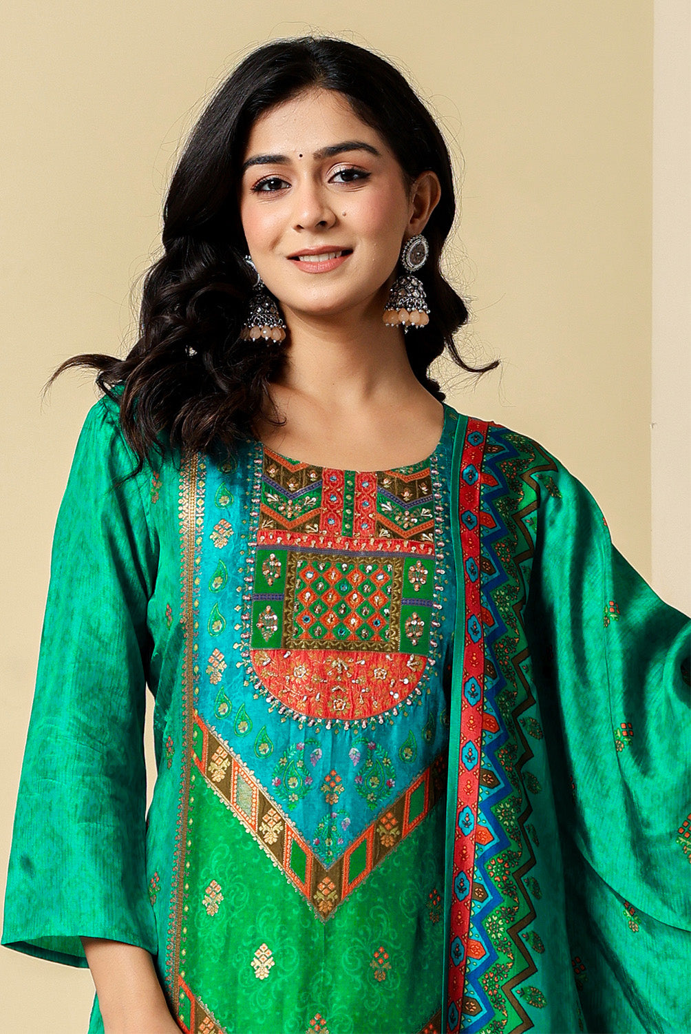 Teal Crepe Silk Printed Suit