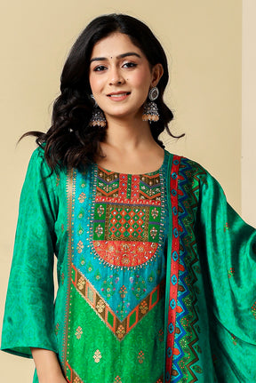 Teal Crepe Silk Printed Suit