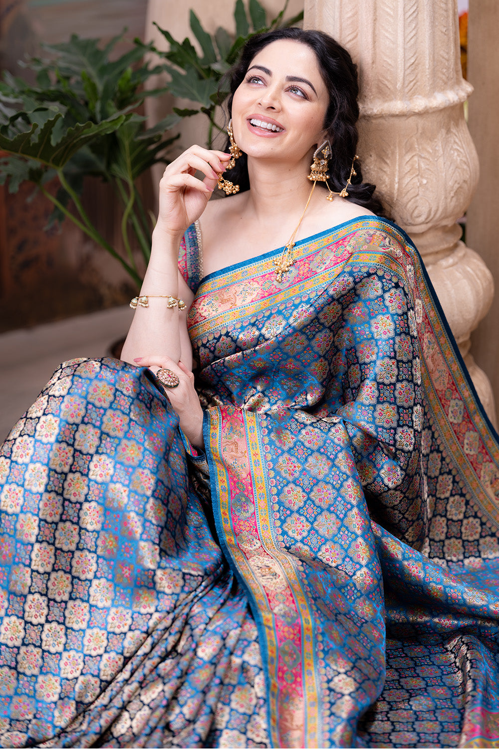 Blue Maheshwari Silk Soft Brocade Woven Saree