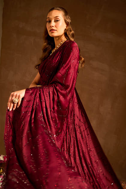 Dark Scarlet Swarovski Work Satin Saree