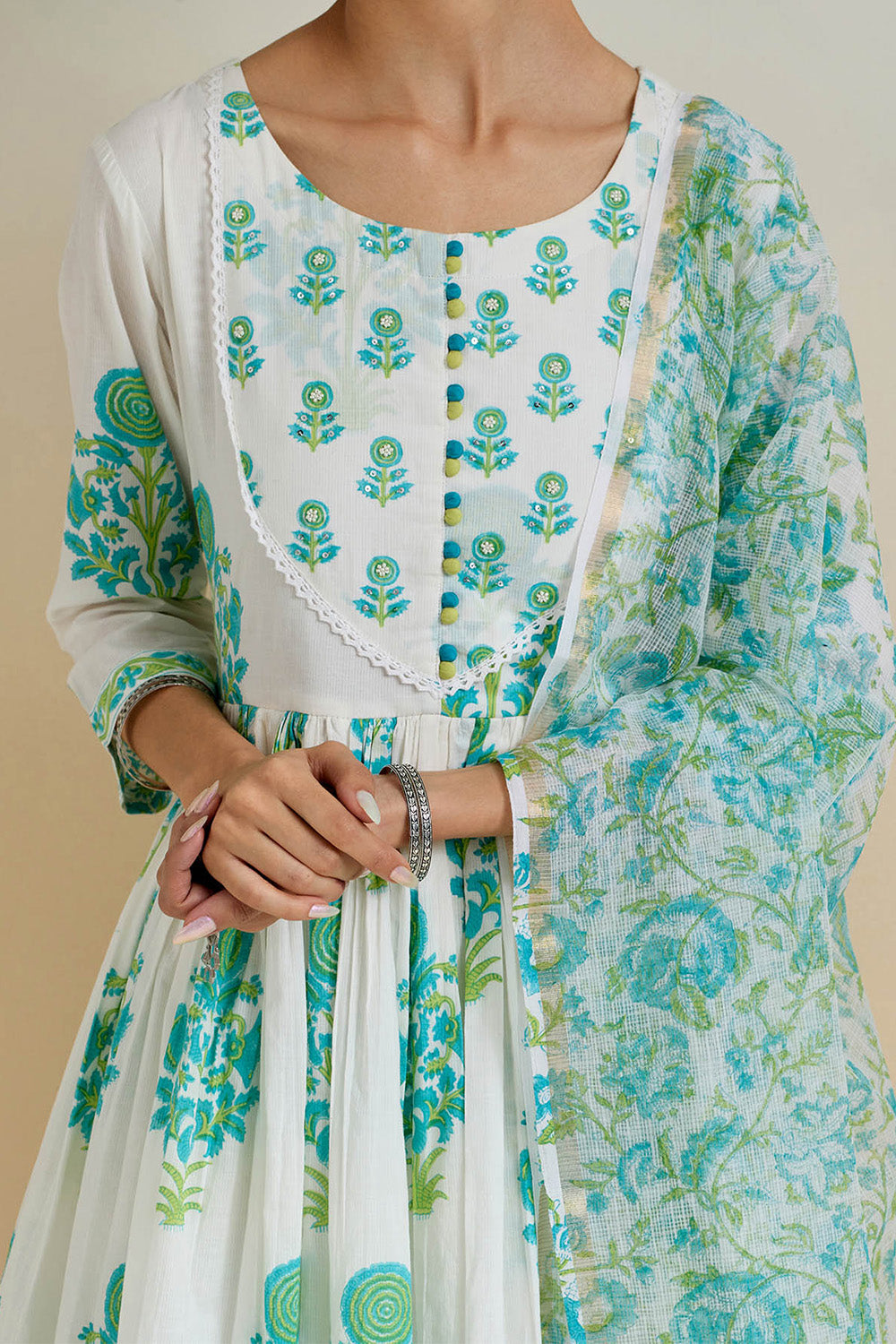 White & Green Color Cotton Printed  Anarkali Suit