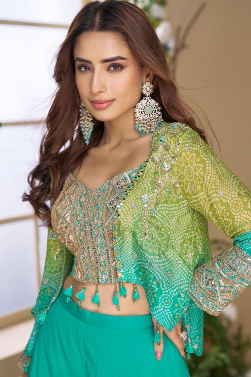 Teal Silk Bandhani Printed & Zari Embroidered Palazzo Set With Jacket