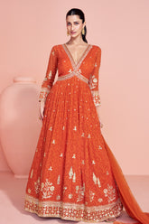 Orange Georgette Resham, Zari and Sequins Embroidered Alia Cut Anarkali Gown