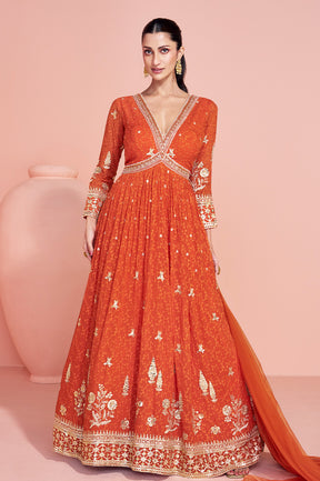 Orange Georgette Resham, Zari and Sequins Embroidered Alia Cut Anarkali Gown