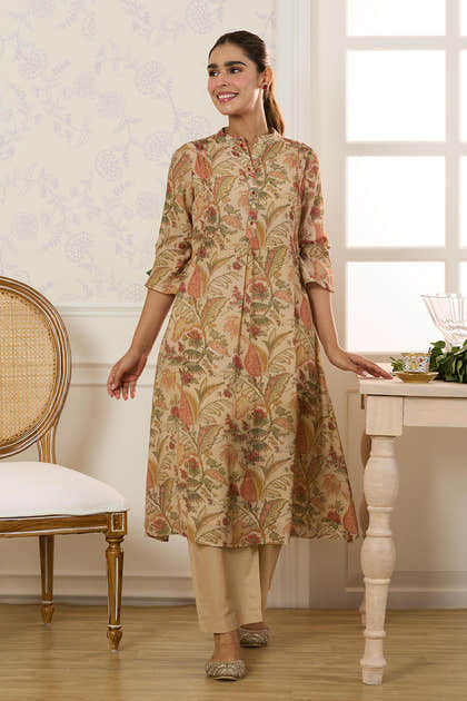 Beige Chanderi Silk Floral Printed Kurta Set