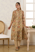 Beige Chanderi Silk Floral Printed Kurta Set