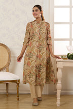 Beige Chanderi Silk Floral Printed Kurta Set