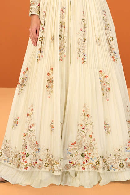 Cream Crepe Silk Embroidered Anarkali Suit With Skirt