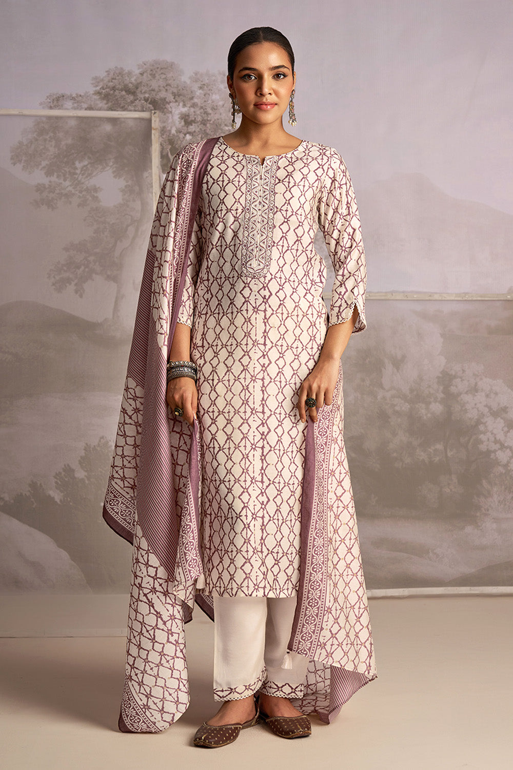 Cream & Rust Color Muslin Printed Suit