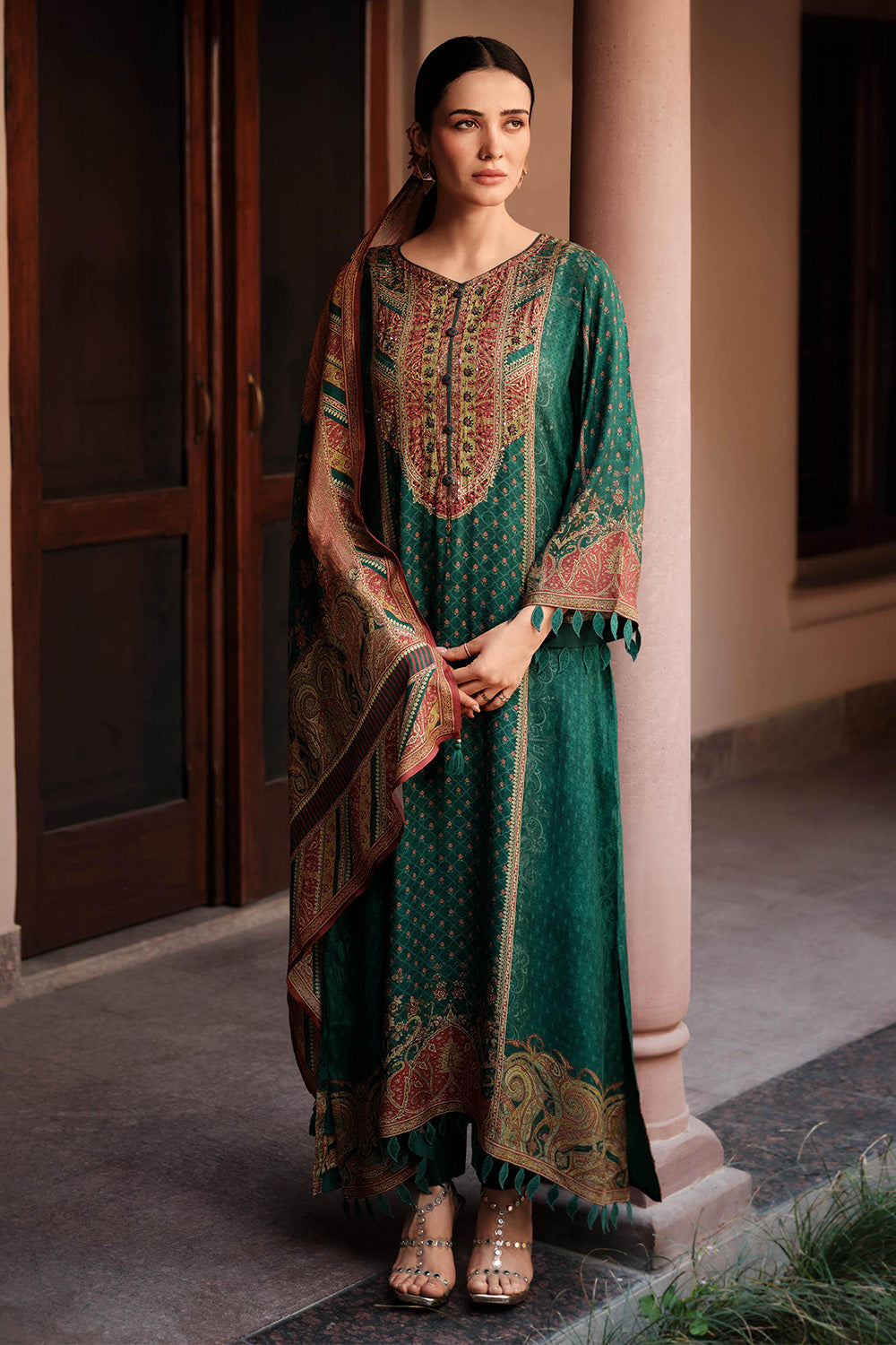 Teal Crepe Printed Unstitched Suit