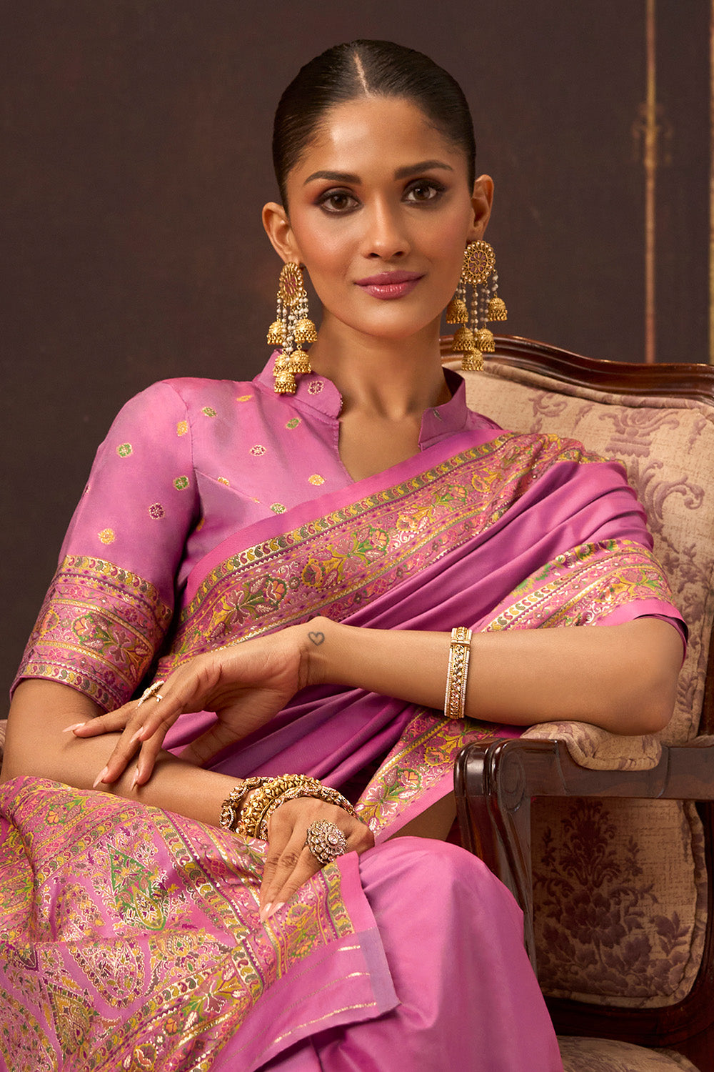 Gajari Color Soft Silk Kalamkari Woven Saree