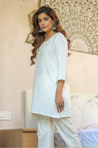 White Color Neck Embroidered Cotton Kurti