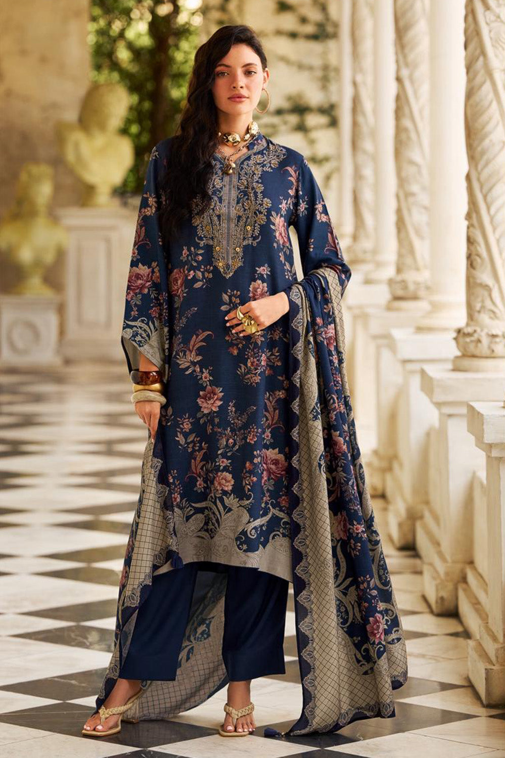 Blue Spun Floral Printed Unstitched Suit Fabric