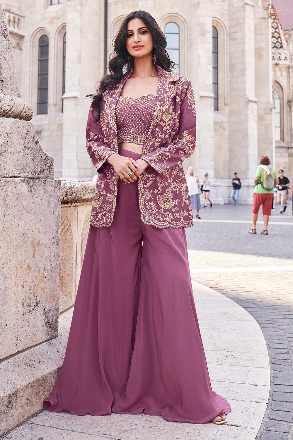 Dark Mauve Crepe Silk Embroidered Crop-Top Dress With Jacket And Palazzo