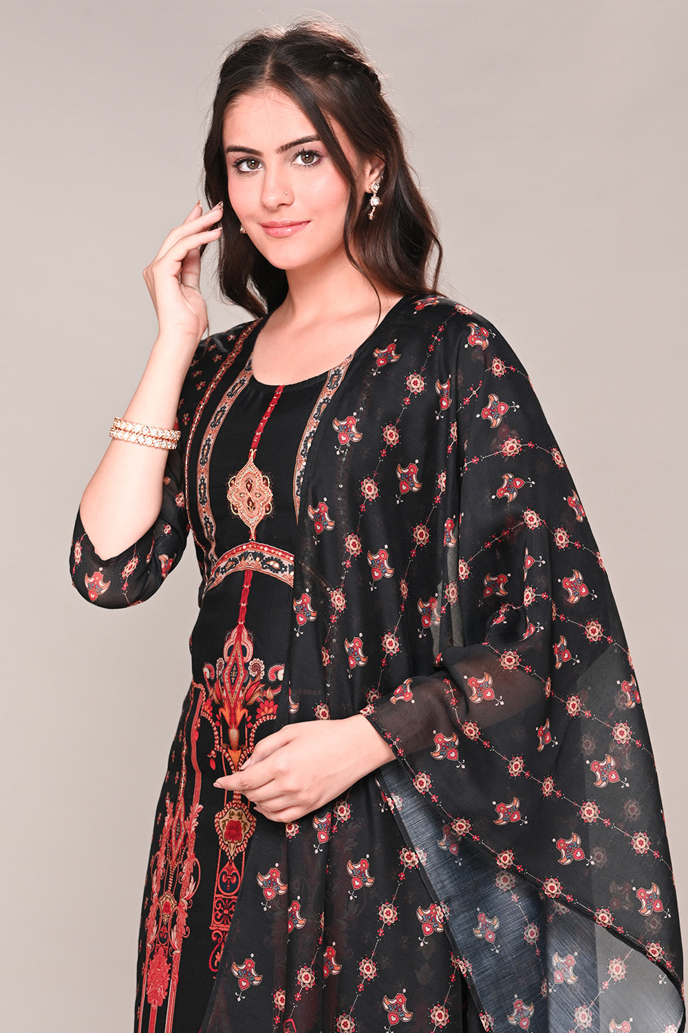 Black Chanderi Silk Printed Straight Suit