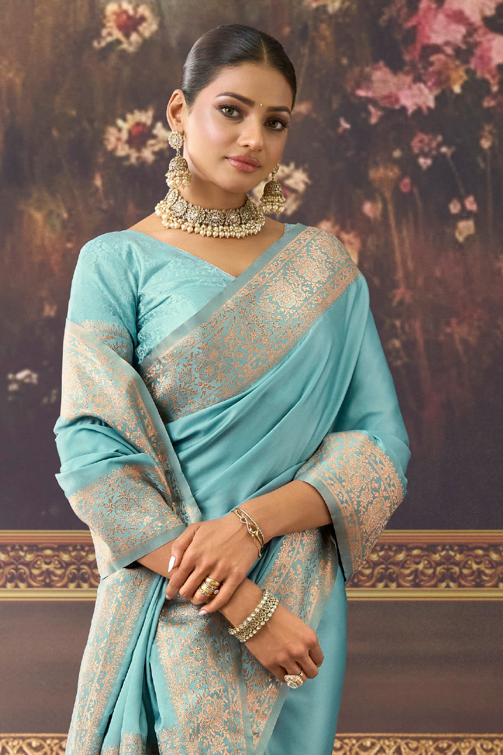 Light Turquoise Zari Woven Mulberry Silk Saree