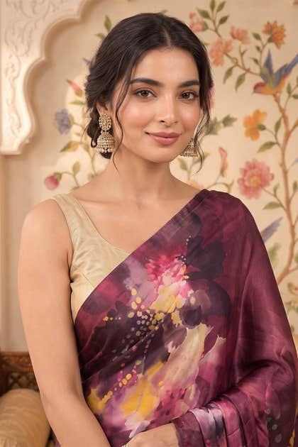 Maroon Satin Abstract Printed Saree