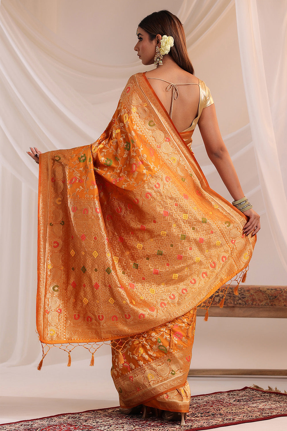 Mustard Resham & Zari Floral Woven Silk Saree